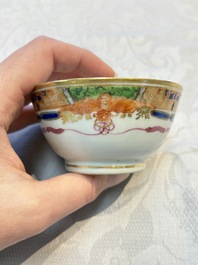 Three sets of Chinese famille rose gilt-decorated 'Bird among Flowering Branches' cups and saucers, 19th C.