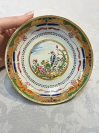 Three sets of Chinese famille rose gilt-decorated 'Bird among Flowering Branches' cups and saucers, 19th C.