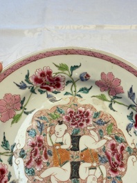 A pair of Chinese famille rose 'He He Er Xian' plates, Yongzheng/Qianlong