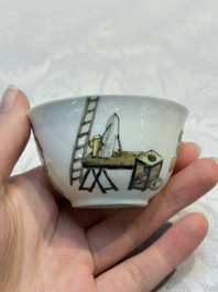 An extremely rare Chinese famille rose 'L'Apoticaire Charitable' cup and saucer, Yongzheng/Qianlong