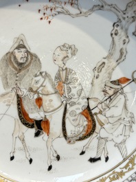 A fine Chinese grisaille, iron-red and gilt-decorated 'Riders on Horseback' plate, Yongzheng
