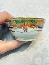 Three sets of Chinese famille rose gilt-decorated 'Bird among Flowering Branches' cups and saucers, 19th C.