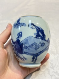 A Chinese blue and white tea caddy with figural design, artemisia leaf mark, Kangxi