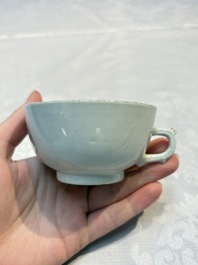 Two sets of Chinese export monogrammed polychrome cups and saucers, Qianlong/Jiaqing