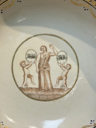 Two sets of Chinese export monogrammed polychrome cups and saucers, Qianlong/Jiaqing