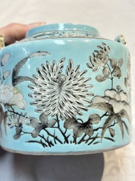 A Chinese grisaille turquoise-ground Dayazhai-style teapot and cover, Guangxu mark and of the period