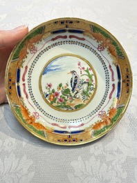 Three sets of Chinese famille rose gilt-decorated 'Bird among Flowering Branches' cups and saucers, 19th C.