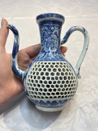 A rare Chinese blue and white reticulated double-walled ewer and cover with floral design, Kangxi