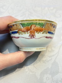 Three sets of Chinese famille rose gilt-decorated 'Bird among Flowering Branches' cups and saucers, 19th C.