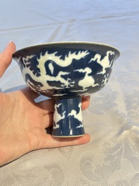 A Chinese sacrificial-blue-ground stem bowl with incised dragon design, Xuande mark, Republic