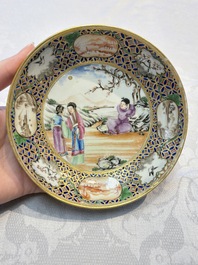 A Chinese famille rose gilt-decorated cup and saucer with figural design, Jiaqing