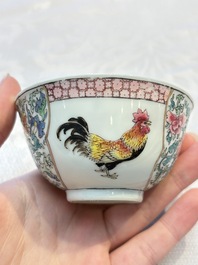 A pair of fine Chinese famille rose 'Rooster' cups and saucers, Yongzheng