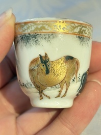 A pair of rare Chinese gilt- and silver-decorated grisaille and iron-red miniature 'Horse' cups, Yongzheng/Qianlong