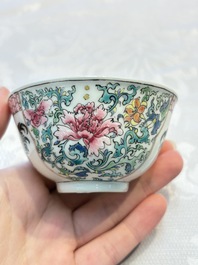 A pair of fine Chinese famille rose 'Rooster' cups and saucers, Yongzheng