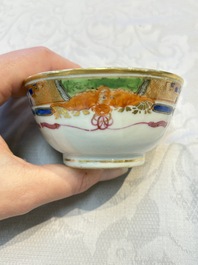 Three sets of Chinese famille rose gilt-decorated 'Bird among Flowering Branches' cups and saucers, 19th C.