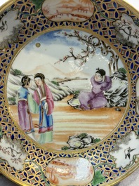 A Chinese famille rose gilt-decorated cup and saucer with figural design, Jiaqing