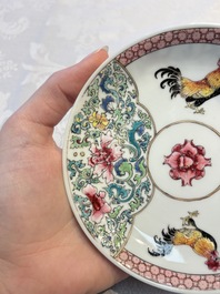 A pair of fine Chinese famille rose 'Rooster' cups and saucers, Yongzheng