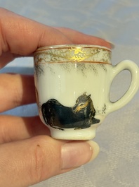 A pair of rare Chinese gilt- and silver-decorated grisaille and iron-red miniature 'Horse' cups, Yongzheng/Qianlong