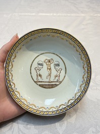 Two sets of Chinese export monogrammed polychrome cups and saucers, Qianlong/Jiaqing
