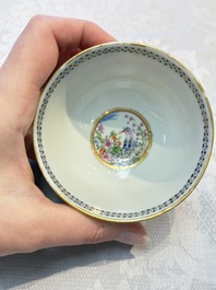 Three sets of Chinese famille rose gilt-decorated 'Bird among Flowering Branches' cups and saucers, 19th C.