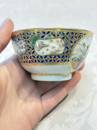A Chinese famille rose gilt-decorated cup and saucer with figural design, Jiaqing