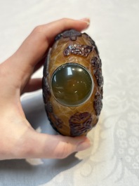 A very large Chinese brown-overlay amber glass 'Ba Xian Zhu Shou 八仙祝壽&lsquo; table snuff bottle, 19th C.