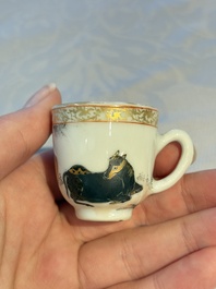 A pair of rare Chinese gilt- and silver-decorated grisaille and iron-red miniature 'Horse' cups, Yongzheng/Qianlong