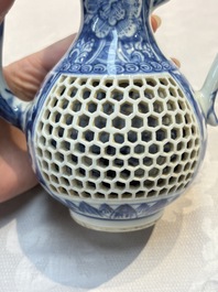 A rare Chinese blue and white reticulated double-walled ewer and cover with floral design, Kangxi