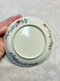 A pair of fine Chinese famille rose 'Rooster' cups and saucers, Yongzheng