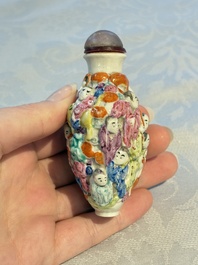 Four Chinese famille rose moulded 'Luohan' snuff bottles, Qianlong marks, 19th C.