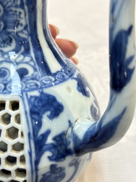 A rare Chinese blue and white reticulated double-walled ewer and cover with floral design, Kangxi