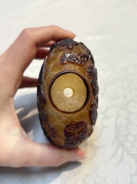A very large Chinese brown-overlay amber glass 'Ba Xian Zhu Shou 八仙祝壽&lsquo; table snuff bottle, 19th C.