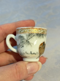 A pair of rare Chinese gilt- and silver-decorated grisaille and iron-red miniature 'Horse' cups, Yongzheng/Qianlong