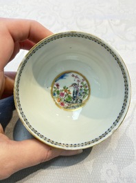 Three sets of Chinese famille rose gilt-decorated 'Bird among Flowering Branches' cups and saucers, 19th C.