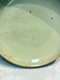 A Chinese green 'Jun' plate, Tian Hu Shan 天湖山 mark, Yuan