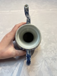 A rare Chinese blue and white reticulated double-walled ewer and cover with floral design, Kangxi
