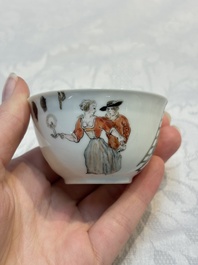 An extremely rare Chinese famille rose 'L'Apoticaire Charitable' cup and saucer, Yongzheng/Qianlong