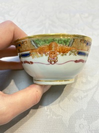 Three sets of Chinese famille rose gilt-decorated 'Bird among Flowering Branches' cups and saucers, 19th C.