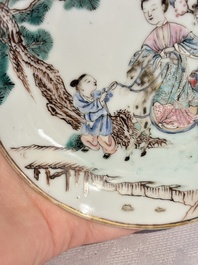 A fine Chinese famille rose 'Elegant Lady on Horseback' saucer, Yongzheng