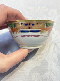 Three sets of Chinese famille rose gilt-decorated 'Bird among Flowering Branches' cups and saucers, 19th C.