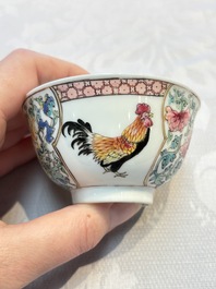 A pair of fine Chinese famille rose 'Rooster' cups and saucers, Yongzheng