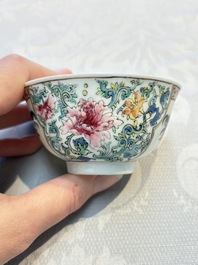 A pair of fine Chinese famille rose 'Rooster' cups and saucers, Yongzheng