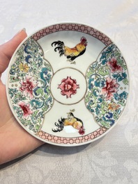 A pair of fine Chinese famille rose 'Rooster' cups and saucers, Yongzheng
