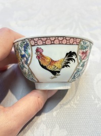A pair of fine Chinese famille rose 'Rooster' cups and saucers, Yongzheng