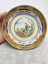 Three sets of Chinese famille rose gilt-decorated 'Bird among Flowering Branches' cups and saucers, 19th C.