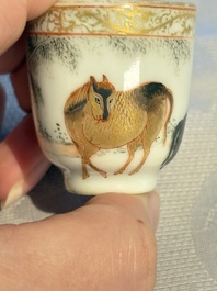 A pair of rare Chinese gilt- and silver-decorated grisaille and iron-red miniature 'Horse' cups, Yongzheng/Qianlong
