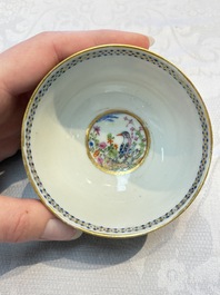 Three sets of Chinese famille rose gilt-decorated 'Bird among Flowering Branches' cups and saucers, 19th C.