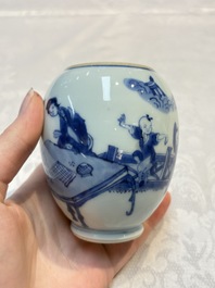 A Chinese blue and white tea caddy with figural design, artemisia leaf mark, Kangxi