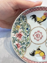 A pair of fine Chinese famille rose 'Rooster' cups and saucers, Yongzheng