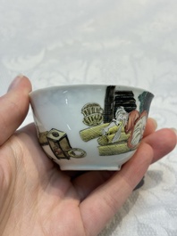 An extremely rare Chinese famille rose 'L'Apoticaire Charitable' cup and saucer, Yongzheng/Qianlong